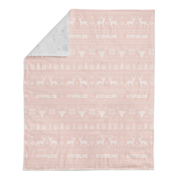 Personalized Name Minky Blanket -  Light Pink Holiday Sweater