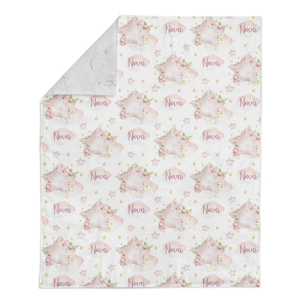 Personalized Name Minky Blanket - Pink Stars and Clouds