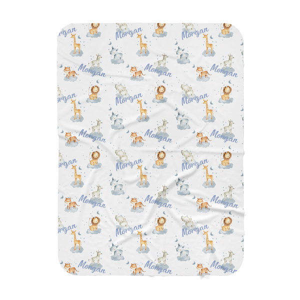Personalized Name Blanket - BABY SAFARI ANIMALS WITH CLOUDS AND STARS