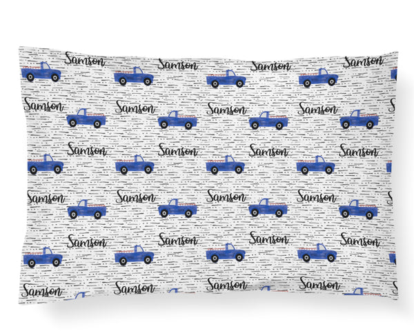 Personalized Name Pillowcase - BLUE TRUCKS - Dotboxed