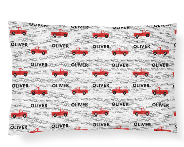 Personalized Name Pillowcase - RED TRUCKS - Dotboxed