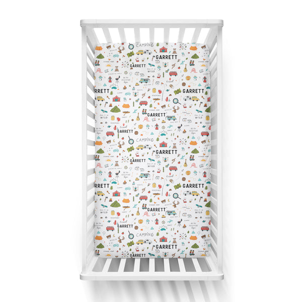 Personalized Name Crib Sheet-  CAMPING - Dotboxed