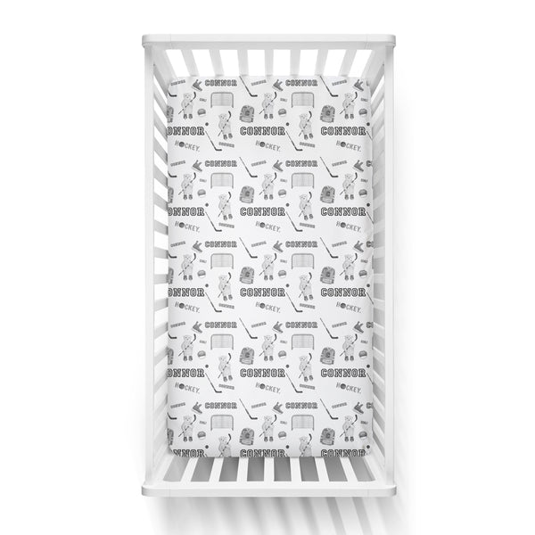Personalized Name Crib Sheet-  HOCKEY BEARS BLACK AND WHITE - Dotboxed