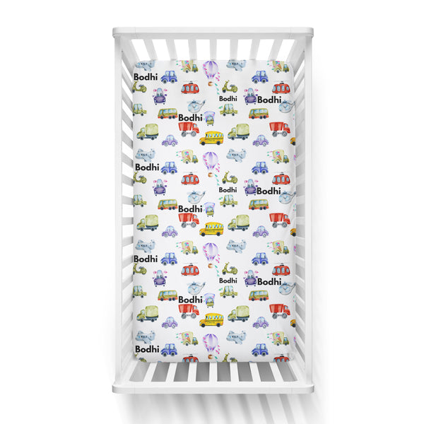 Personalized Name Crib Sheet-  BUSY TRANSPORT - Dotboxed