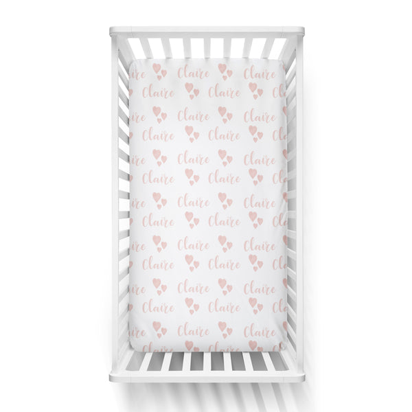 Personalized Name Crib Sheet-  PINK WATERCOLOR HEARTS - Dotboxed