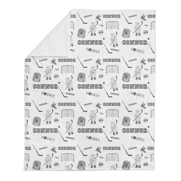 Personalized Name Minky Blanket -  HOCKEY BEARS BLACK AND WHITE